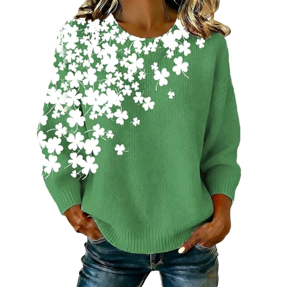 DHFJKG Sweaters For Women Knitted Clover Graphic Soft Loose Fit Casual Long Sleeve Crewneck Top Festival Spring Fall Cozy Tops