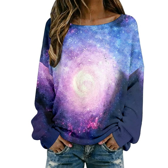 DHFJKG Sweaters For Women Long Sleeve Shirts Galaxy Printed Lightweight Knit Pullover Ribbed Casual Loose Fit Crewneck Soft Blouse Spring Comfortable Tops