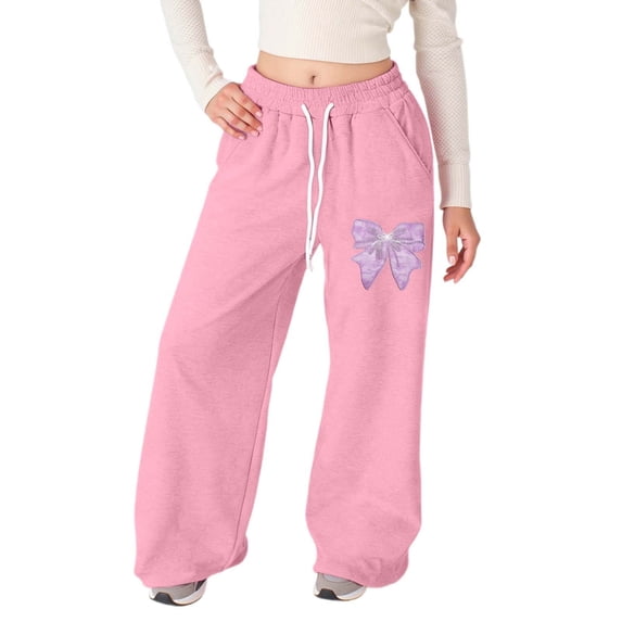 DHFJKG Sweatpants For Girls Girls Bow Tie Wide Leg Jogger Pants Lightweight Straight Leg Athletic Sweatpants With Pockets Cozy Trousers