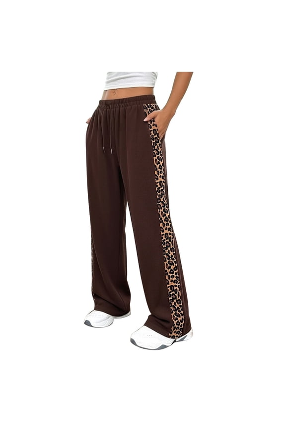 Sweatpants Women Wide Leg Jogger Pants Side Leopard Printed Drawstring Elastic Waist Comfortable Athletic Sweat Pants With Pockets Soft Trousers