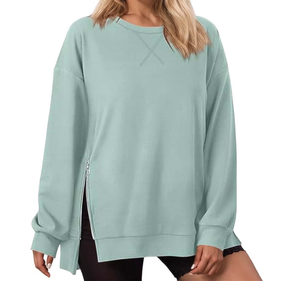 DHFJKG Sweatshirt For Women Long Sleeve T-Shirts Solid Color Round Neck Pullover Side Zipper Casual Loose Fit Long Sleeve Classic Tops