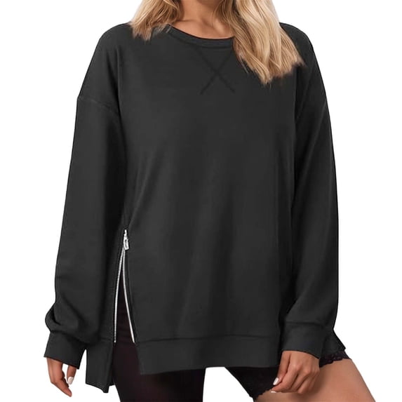 DHFJKG Sweatshirt For Women Long Sleeve T-Shirts Solid Color Round Neck Pullover Side Zipper Casual Loose Fit Long Sleeve Classic Tops