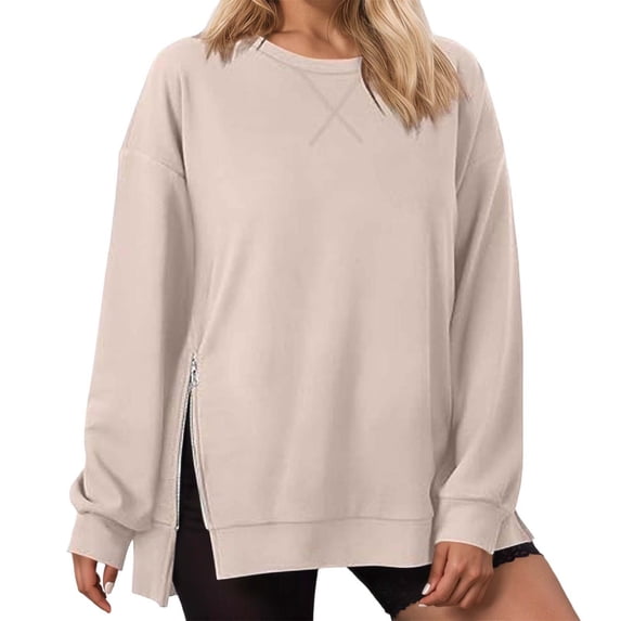 DHFJKG Sweatshirt For Women Long Sleeve T-Shirts Solid Color Round Neck Pullover Side Zipper Casual Loose Fit Long Sleeve Classic Tops