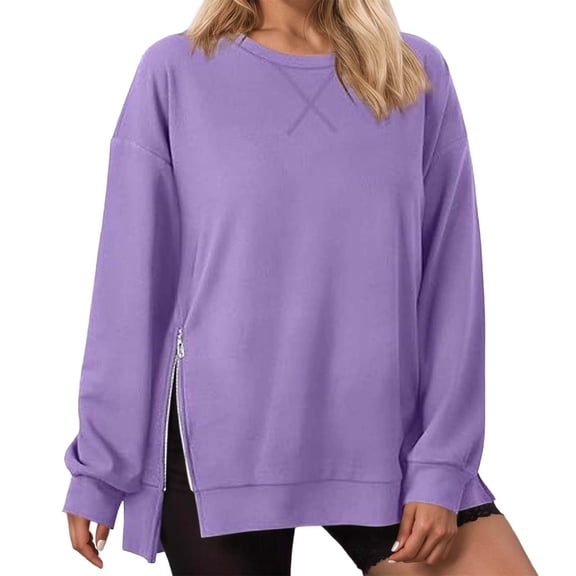 DHFJKG Sweatshirt For Women Long Sleeve T-Shirts Solid Color Round Neck Pullover Side Zipper Casual Loose Fit Long Sleeve Comfortable Tops