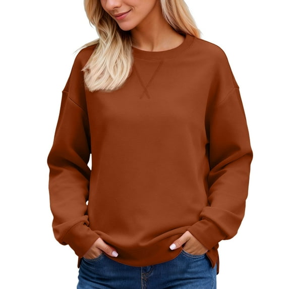 DHFJKG Sweatshirt For Women Split Hem Crewneck Long Sleeve Casual Loose Fit Pullover Fall Winter Solid Color Classic Tops