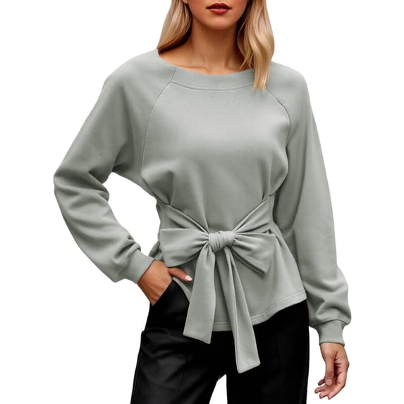 DHFJKG Sweatshirt For Women Tie Waist Raglan Sleeve Solid Color Round Neck Pullover Lightweight Classic Tops
