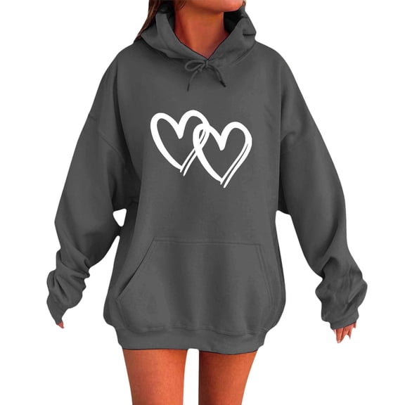 DHFJKG Sweatshirt For Women Oversized Heart Print Sweatshirt Drop Shoulder Loose Fit Long Sleeve Hooded Drawstring Casual Pullover With Pocket Comfortable Tops