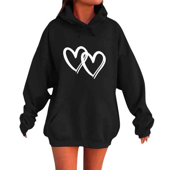 DHFJKG Sweatshirt For Women Oversized Heart Print Sweatshirt Drop Shoulder Loose Fit Long Sleeve Hooded Drawstring Casual Pullover With Pocket Comfortable Tops