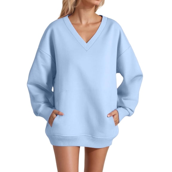 DHFJKG Sweatshirts For Women Oversized V Neck Long Sleeve Plain Sweatshirt Drop Shoulder Loose Fit Casual Pullover With Pocket Soft Tops