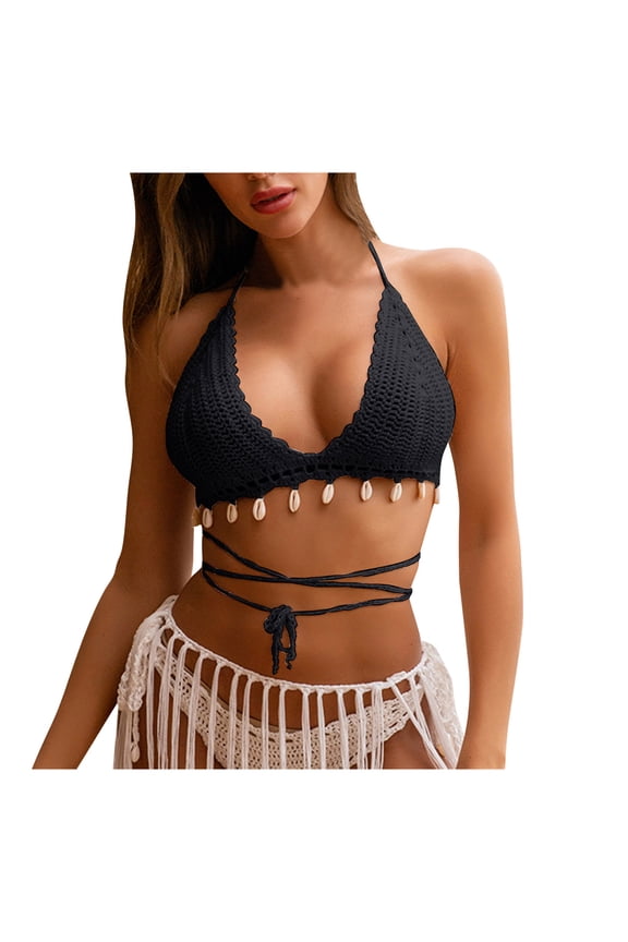 Swimsuit For Women Crochet Bikini Top Summer Fashion Beach Clothes Halter Side Tie Swimwear Top Hallow Out Bathing Suit Stylish Beachwear