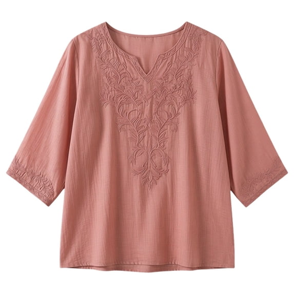 DHFJKG T Shirt For Women Boho 3/4 Sleeve Floral Embroidered Notch V Neck Summer Beach Loose Fit Tunic Top Comfortable Cozy Tops