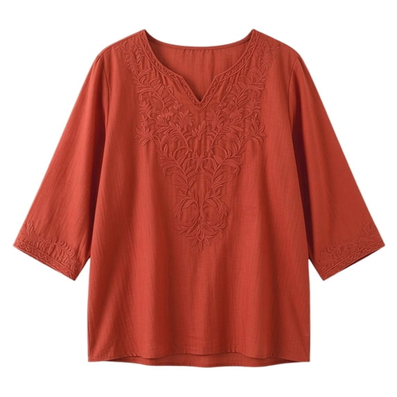 DHFJKG T Shirt For Women Boho 3/4 Sleeve Floral Embroidered Notch V Neck Summer Beach Loose Fit Tunic Top Comfortable Stylish Tops