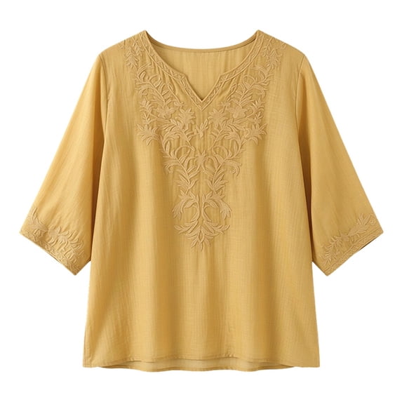 DHFJKG T Shirt For Women Boho 3/4 Sleeve Floral Embroidered Notch V Neck Summer Beach Loose Fit Tunic Top Comfortable Stylish Tops