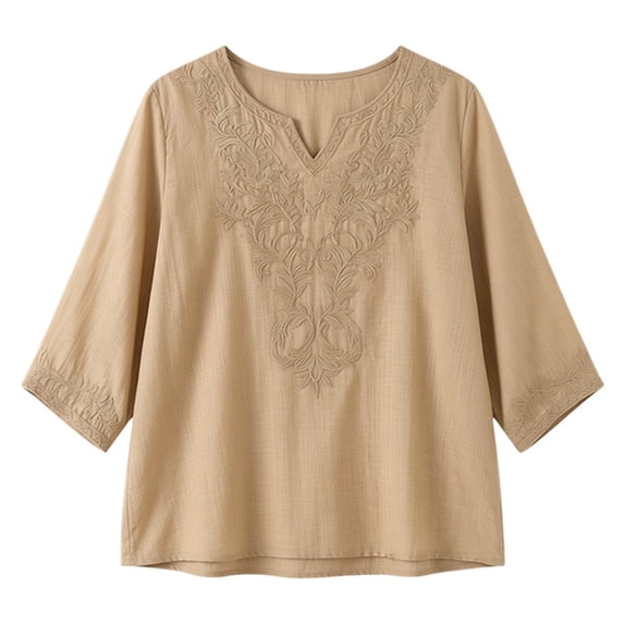 DHFJKG T Shirt For Women Boho 3/4 Sleeve Floral Embroidered Notch V Neck Summer Beach Loose Fit Tunic Top Comfortable Versatile Tops
