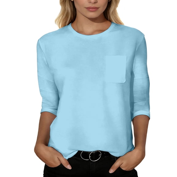 DHFJKG T Shirts For Women 3/4 Sleeve Solid Color Basic Top Lightweight Loose Fit Spring Summer Pocket Tee Trendy Tops