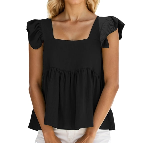 DHFJKG T Shirts For Women Cute Square Neck Sleeveless Ruffle Loose Fit Summer Beach Crop Top Flared Hem Trendy Tops