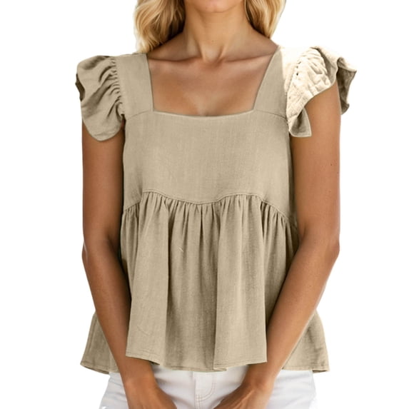 DHFJKG T Shirts For Women Cute Square Neck Sleeveless Ruffle Loose Fit Summer Beach Crop Top Flared Hem Trendy Tops
