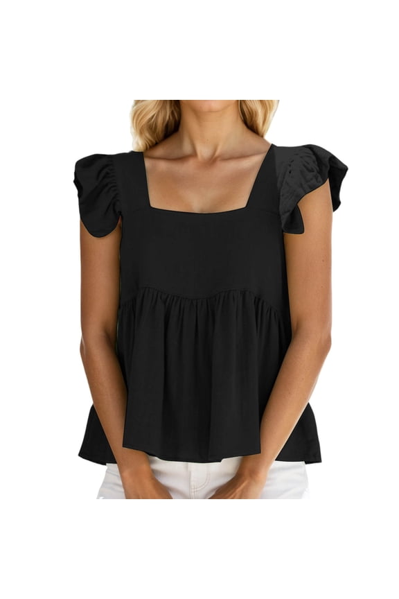 T Shirts For Women Cute Square Neck Sleeveless Ruffle Loose Fit Summer Beach Crop Top Flared Hem Versatile Tops