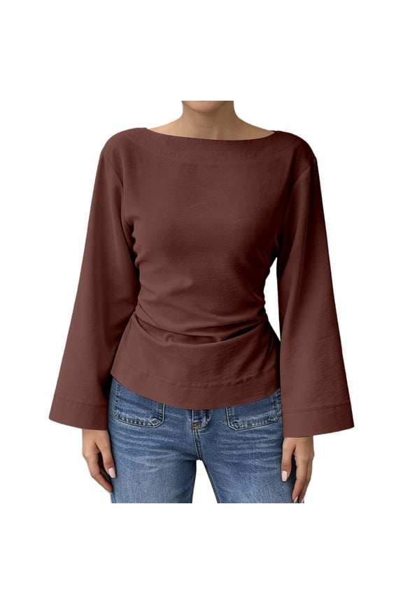 T Shirts For Women Flare Long Sleeve Boat Neck Basic Tee Ruched Slim Fit Spring Fall Fashion Layering Shirt Stylish Tops