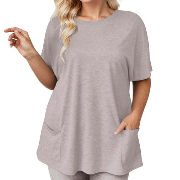 DHFJKG T Shirts For Women Plus Size Short Sleeve Round Neck Solid Color Loose Fit With Pockets Cozy Tops