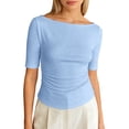 thumbnail image 1 of DHFJKG T Shirts For Women Sexy Slim Fit Basic Tee Comfortable Casual Solid Color Half Sleeve Boat Neck Ribbed Tshirt Trendy Tops, 1 of 4