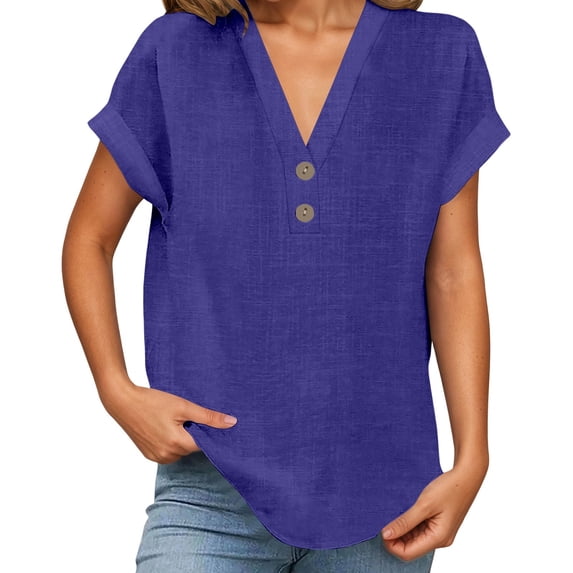 DHFJKG T Shirts For Women Short Sleeve Linen Summer Top Solid Color V ...