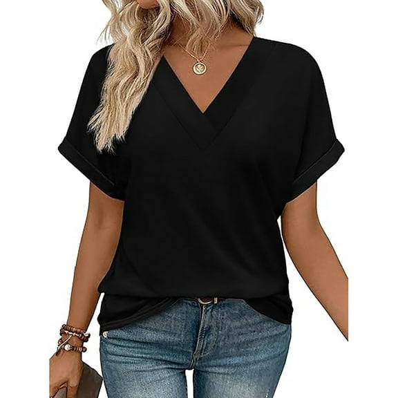 DHFJKG T-Shirts Women's Summer Solid Color Short Sleeve V-Neck Top Bat Wing Sleeve Shirt Versatile Tee Casual Tops