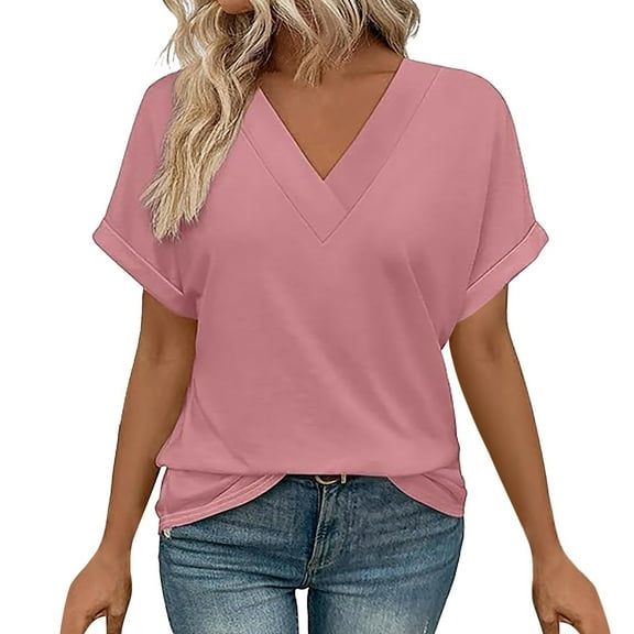 DHFJKG T-Shirts Women's Summer Solid Color Short Sleeve V Neck Top Batwing Sleeve Shirt Basic Tee Casual Tops