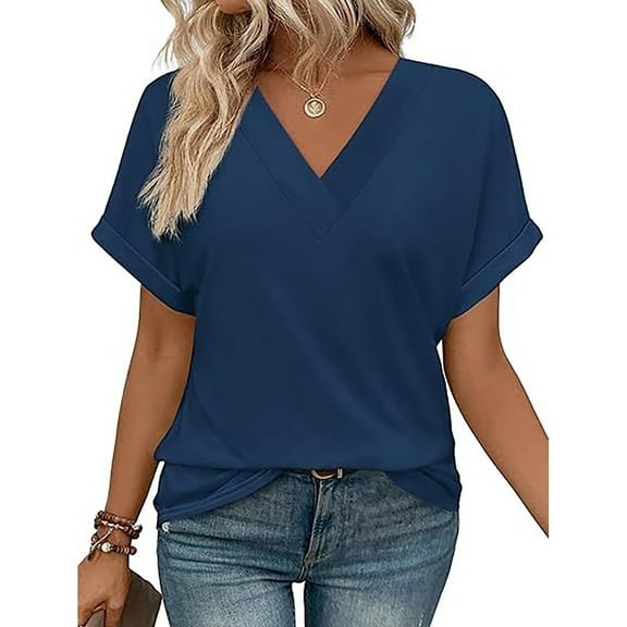 DHFJKG T-Shirts Women's Summer Solid Color Short Sleeve V Neck Top Batwing Sleeve Shirt Basic Tee Casual Tops