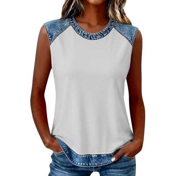 DHFJKG Tank Tops For Women Crew Neck Patchwork Summer Sleeveless Cami T-Shirts Color Block Streetwear Graphic Tee Stylish Top