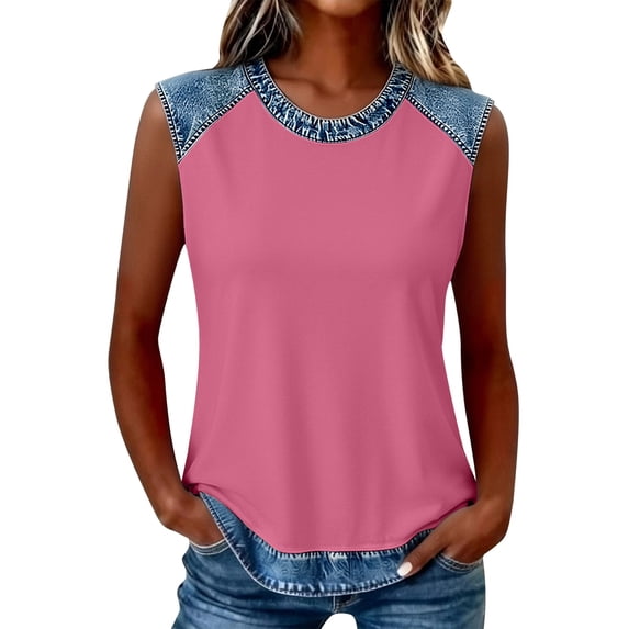 DHFJKG Tank Tops For Women Crew Neck Patchwork Summer Sleeveless Cami T-Shirts Color Block Streetwear Graphic Tee Trendy Top