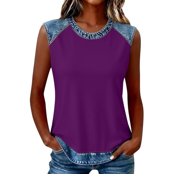 DHFJKG Tank Tops For Women Crew Neck Patchwork Summer Sleeveless Cami T-Shirts Color Block Streetwear Graphic Tee Trendy Top