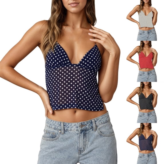 DHFJKG Tank Tops For Women Halter Sexy Backless Tie Side Retro Polka Dot Camisole V Neck Slim Fit Crop Top Summer Beach Vacation Clothes