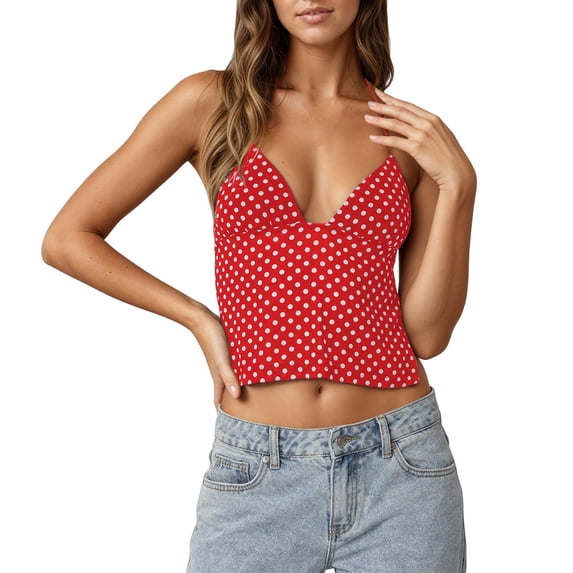DHFJKG Tank Tops For Women Halter Sexy Backless Tie Side Retro Polka Dot Camisole V Neck Slim Fit Crop Top Summer Beach Vacation Clothes