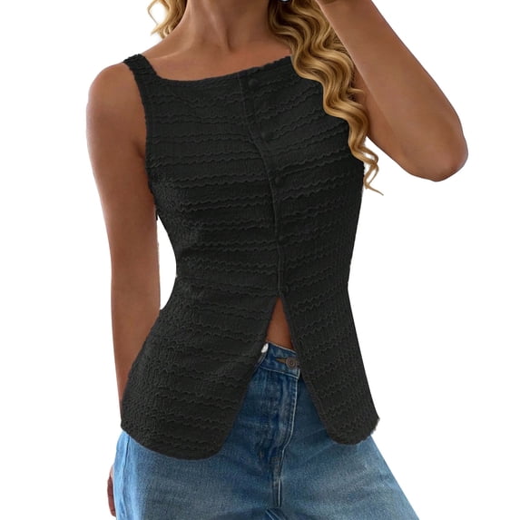 DHFJKG Tank Tops For Women Square Neck Summer Sleeveless Cami Shirts Button Front Solid Color Textured Basic Tee Going Out Soft Tops