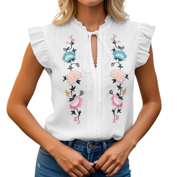 DHFJKG Tank Tops For Women Summer Bohemian Floral Embroidery Sleeveless Ruffle Lace Up Graphic Tee Beach Vacation Clothes Soft Tops