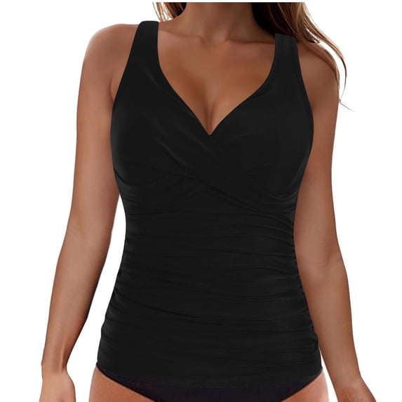 DHFJKG Tankini Tops For Women Cross-Back Swimsuit V Neck Ruched Solid Color Swimwear Top Soft Beachwear