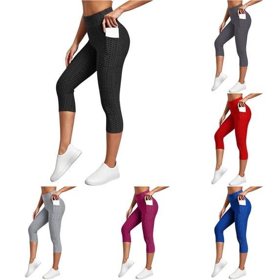 DHFJKG Textured Yoga Pants Women High Waisted Athletic Scrunch Capri Leggings Workout Pilates Tights With Pockets
