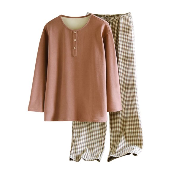 DHFJKG Thermal Pajamas Set For Men Winter Loungewear Fuzzy Lining Long Sleeve Buttons Placket Top Loose Fit Plaid Pants 2 Piece Outfit Leisure Home Clothes