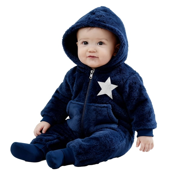 DHFJKG Toddler Baby Flannel Jumpsuit Infant Unisex Fluffly Shaggy Long Sleeve Hooded Romper With Pockets Winter Lovely One-Piece