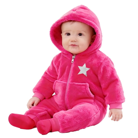 DHFJKG Toddler Baby Flannel Jumpsuit Infant Unisex Fluffly Shaggy Long Sleeve Hooded Romper With Pockets Winter Soft One-Piece
