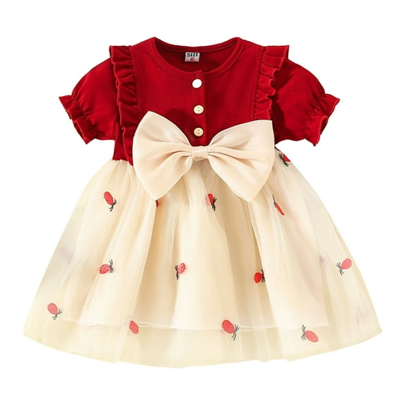 DHFJKG Toddler Baby Girls Dresses Puff Short Sleeve Berry Embroidery Ruffle Mini Dress With Bowknot Cozy Dresses