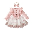 thumbnail image 1 of DHFJKG Toddler Baby Girls Long Sleeve Dresses Infant Ruffle Floral Embossed Mesh Mini Ball Gowns With Bowknot Headband 2PCS Set Sweet Dresses, 1 of 6