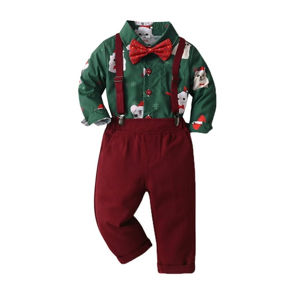 DHFJKG Toddler Boys Christmas Outfit Long Sleeve Cartoon Animal Print Bow-tie Shirt Tops Suspender Pants Child Kids Xmas 4PCS Gentleman Outfits Comfort Sets