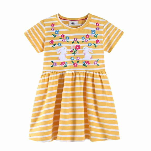 DHFJKG Toddler Girl Easter Dress Bunny Floral Embroidery Striped Short Sleeve Dresses Casual Cozy Dresses