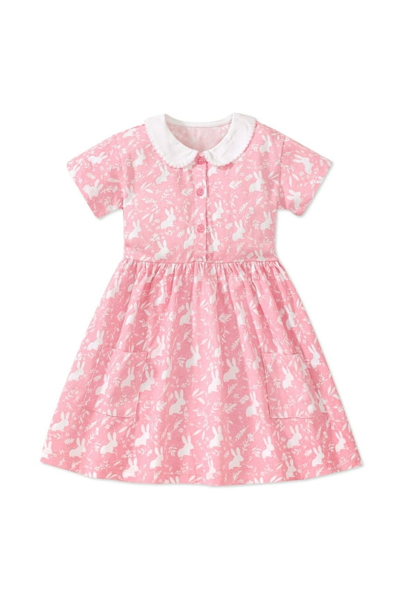 Toddler Girls Dresses Easter Bunny Print Short Sleeve Peter Pan Collar Dress Knee-Length Holiday Cozy Dresses