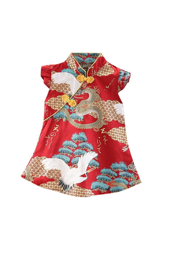 Toddler Girls Qipao Cheongsam Sleeveless Retro Print Stand Collar Party Mini Dress Soft Dresses