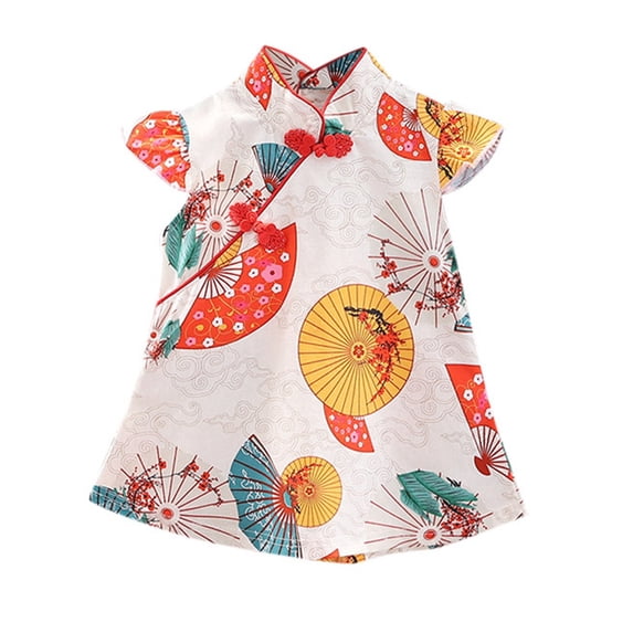 DHFJKG Toddler Girls Qipao Cheongsam Sleeveless Retro Print Stand Collar Party Mini Dress Stylish Dresses