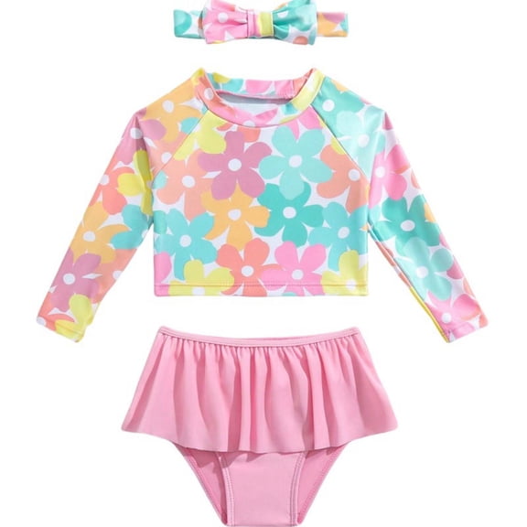 DHFJKG Toddler Girls Tankini Set Swimsuits Long Sleeve Rash Guard Floral Top Swim Briefs Bottom With Headbands 3 Piece Set Versatile Beachwear
