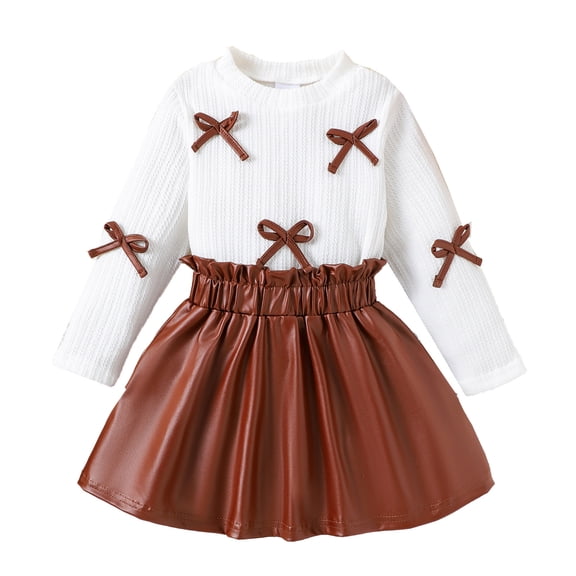 DHFJKG Toddler Kid Girl Outfits Long Sleeve Bow Top Pleated Leather Skirts 2 Piece Sets Casual Outfit